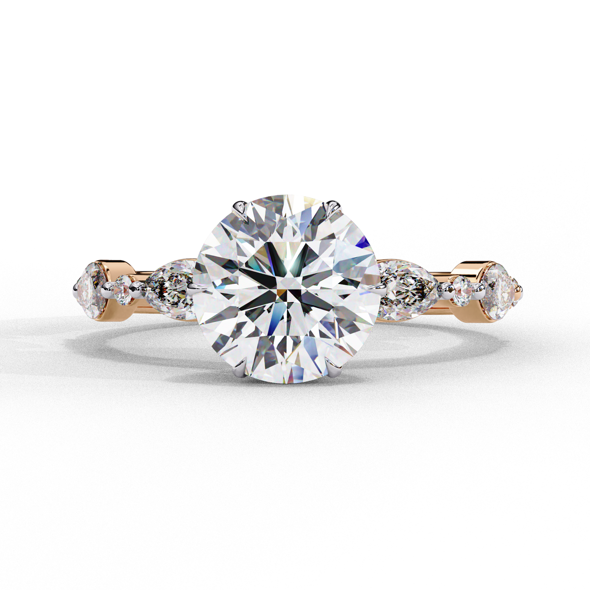 Reverra 14K Round Solitaire Engagement Ring with Marquise Accents, CTTW-2.82