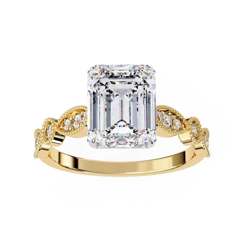 Reverra 14K Gold Emerald & Round Lab Grown Diamond Vintage Milgrain Engagement Ring for Women, CTTW-2.8