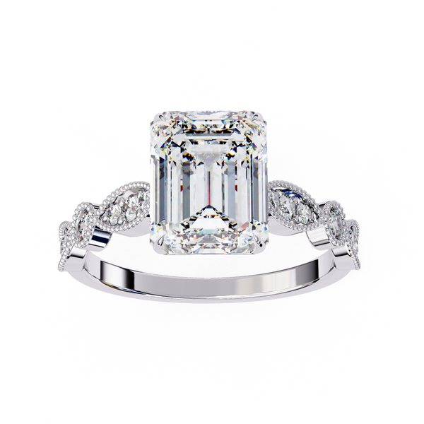 Reverra 14K Gold Emerald & Round Lab Grown Diamond Vintage Milgrain Engagement Ring for Women, CTTW-2.8