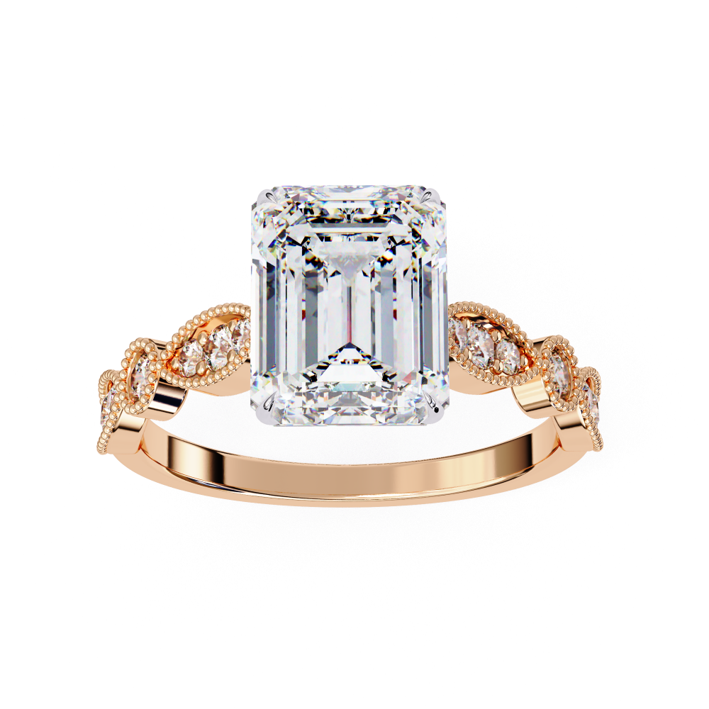 Reverra 14K Gold Emerald & Round Lab Grown Diamond Vintage Milgrain Engagement Ring for Women, CTTW-2.8
