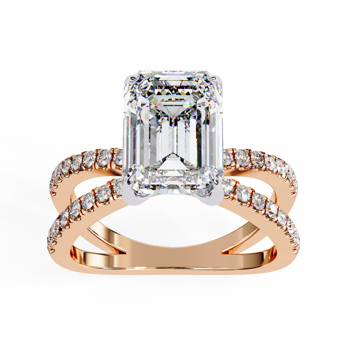 Reverra 14K Gold Round & Emerald Lab Grown Diamond Split Shank Double Band Engagement Ring for Women, CTTW-2.95