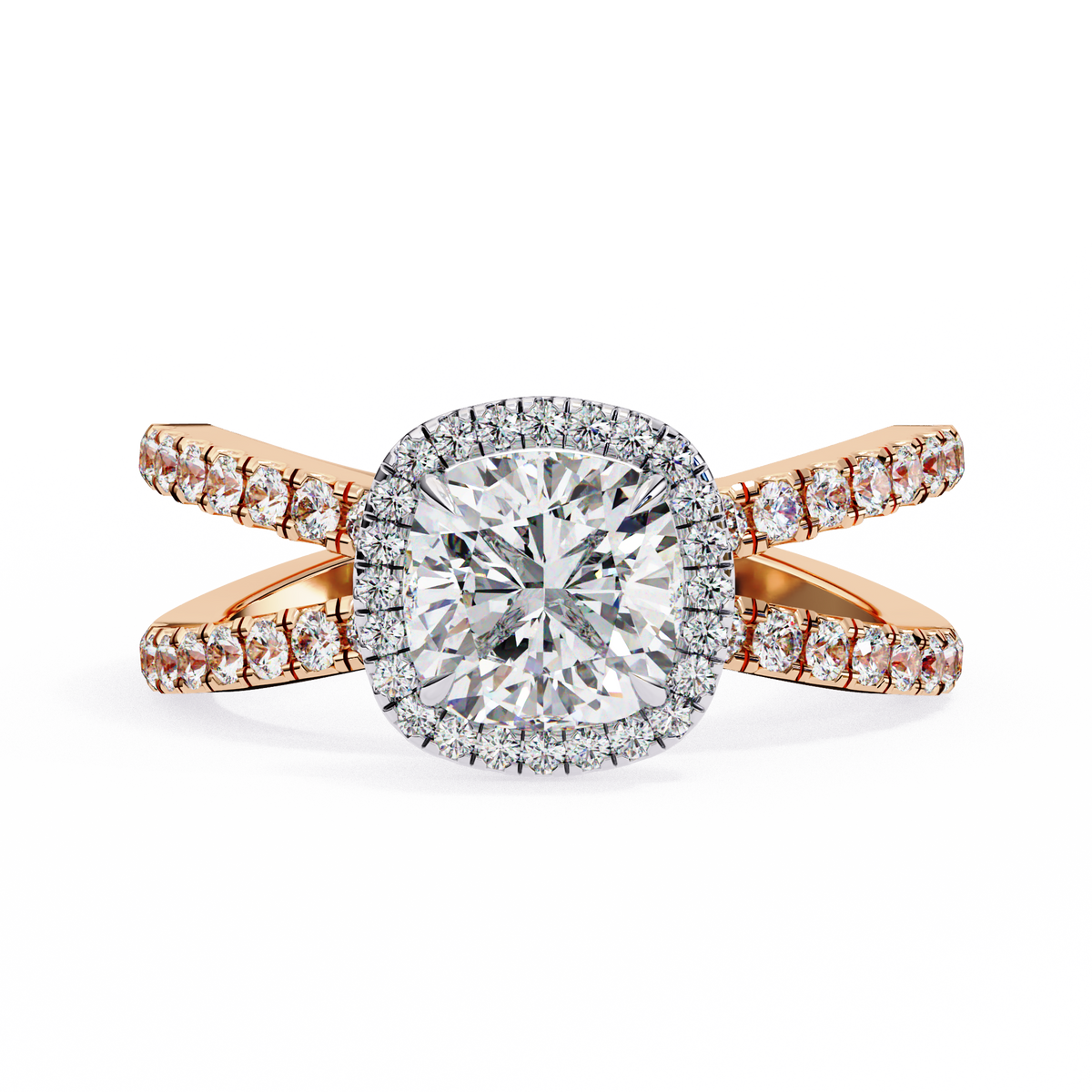 Reverra 14K Cushion Halo Split Shank Diamond Engagement Ring, CTTW-2.23