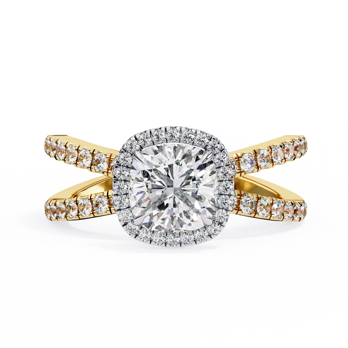 Reverra 14K Cushion Halo Split Shank Diamond Engagement Ring, CTTW-2.23