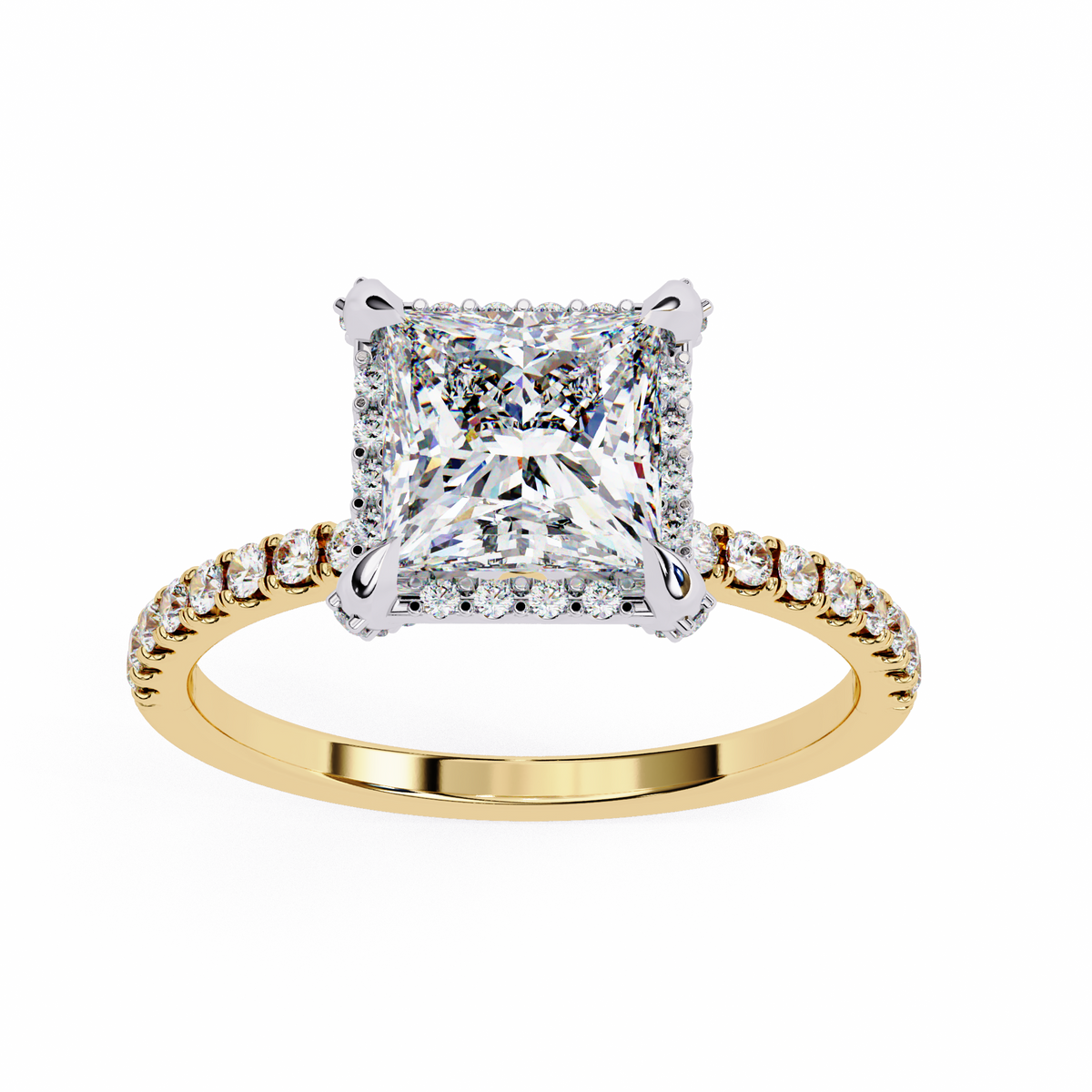 Reverra 14K Gold Princess & Round Lab Grown Diamond Halo Pava Engagement Ring for Women, CTTW-2.41