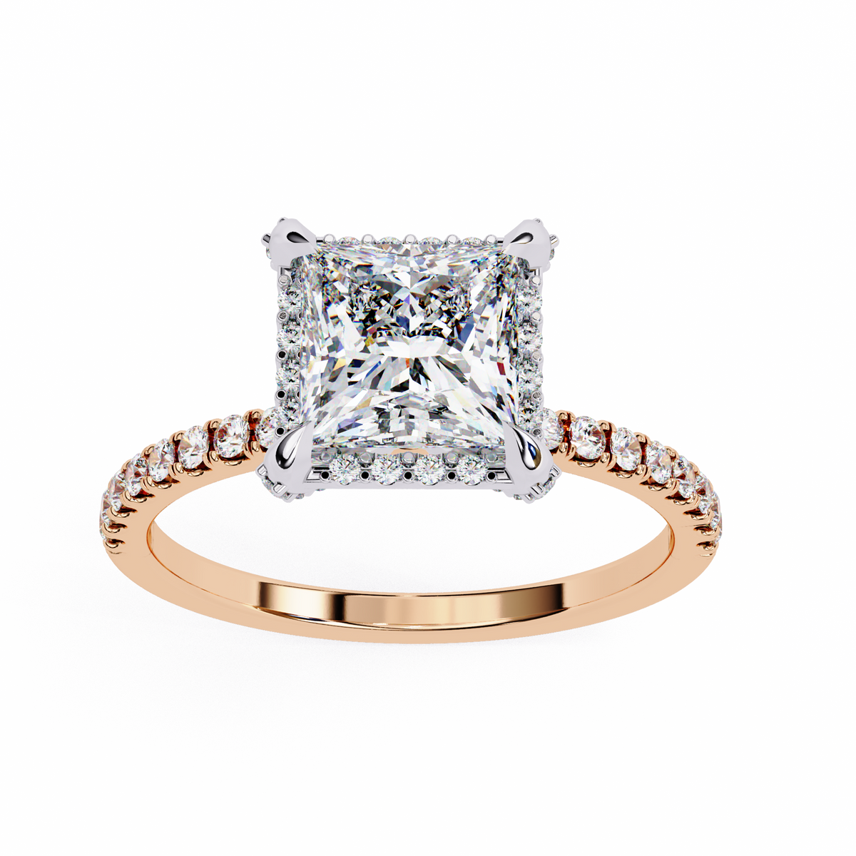Reverra 14K Gold Princess & Round Lab Grown Diamond Halo Pava Engagement Ring for Women, CTTW-2.41
