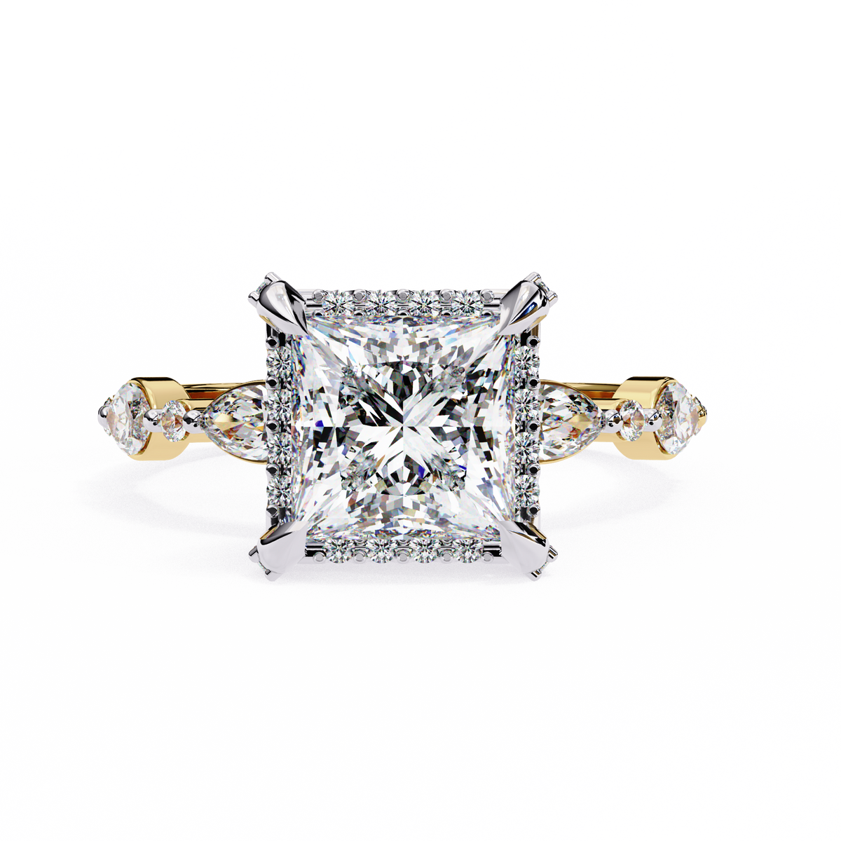 Reverra 14K Princess Three-Stone Halo Diamond Engagement Ring, CTTW-3.12