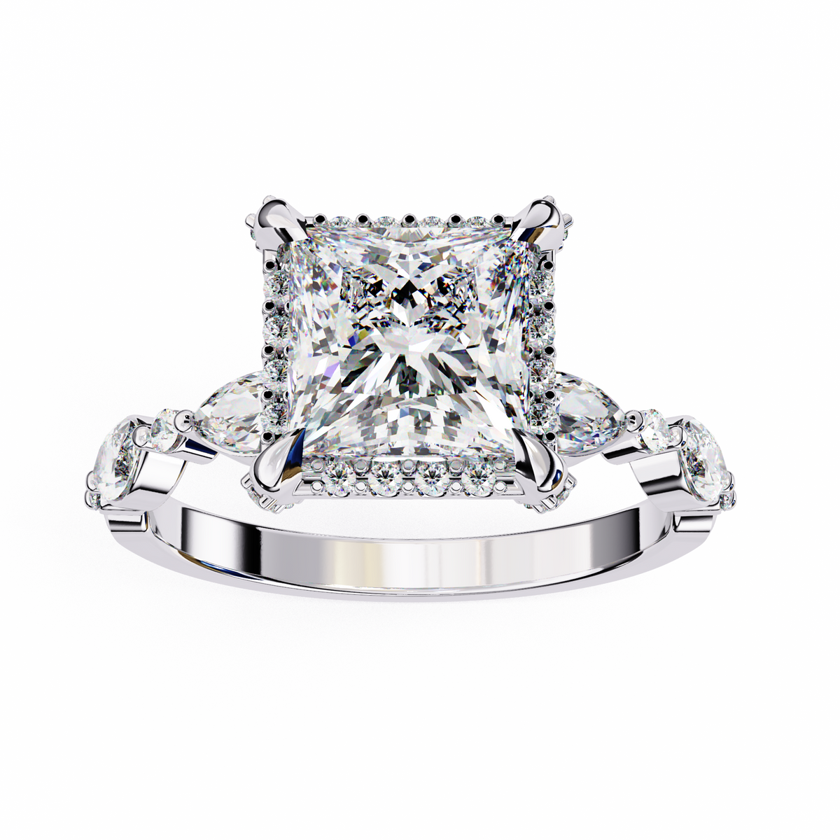 Reverra 14K Princess Three-Stone Halo Diamond Engagement Ring, CTTW-3.12