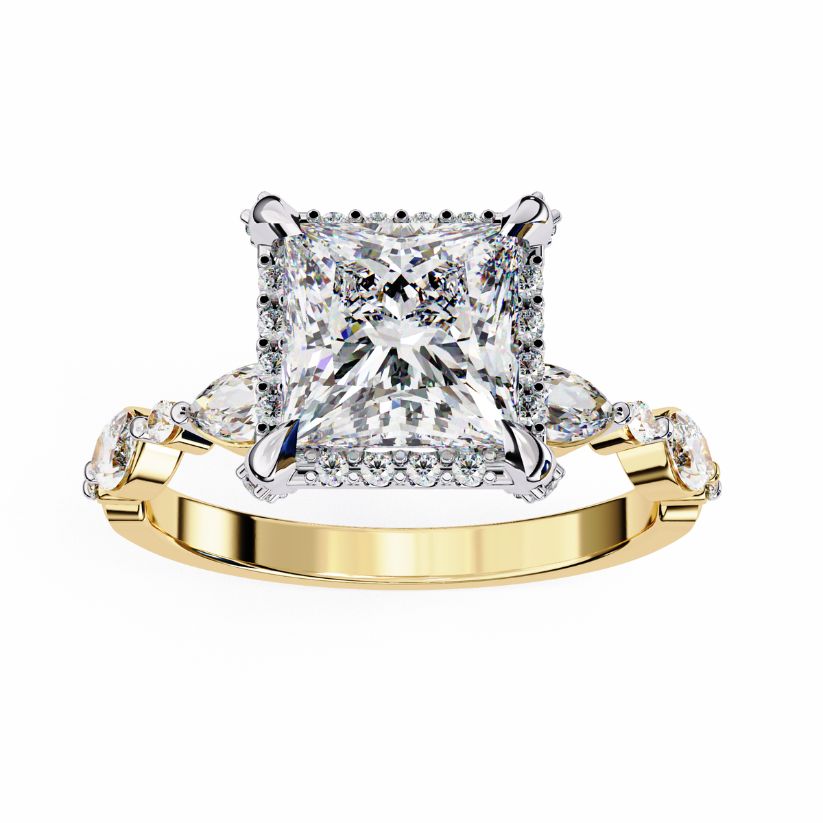 Reverra 14K Princess Three-Stone Halo Diamond Engagement Ring, CTTW-3.12