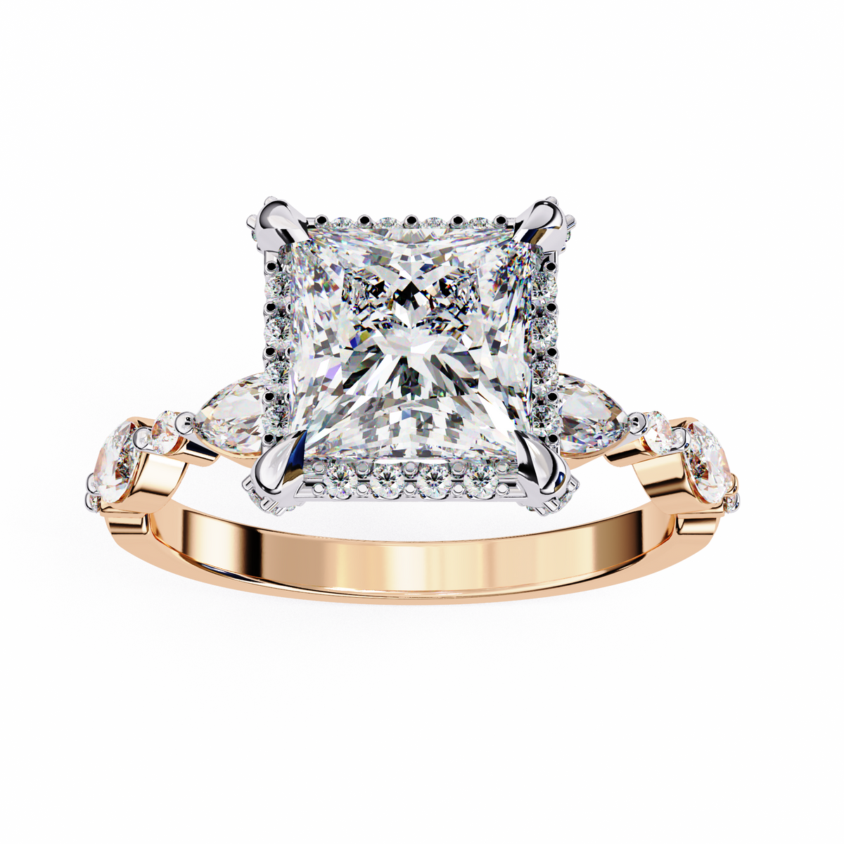 Reverra 14K Princess Three-Stone Halo Diamond Engagement Ring, CTTW-3.12