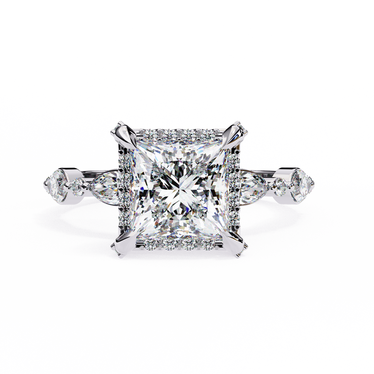 Reverra 14K Princess Three-Stone Halo Diamond Engagement Ring, CTTW-3.12