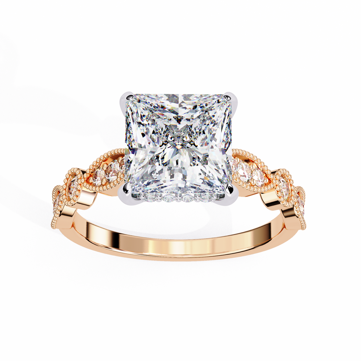 Reverra 14K Princess Vintage Milgrain Diamond Engagement Ring, CTTW-2.6