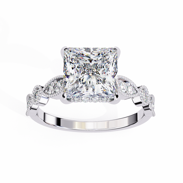 Reverra 14K Gold Princess & Round Lab Grown Diamond Vintage Milgrain Engagement Ring for Women, CTTW-2.6