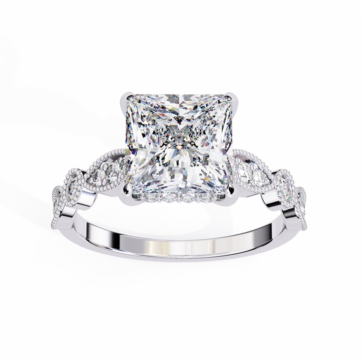 Reverra 14K Princess Vintage Milgrain Diamond Engagement Ring, CTTW-2.6