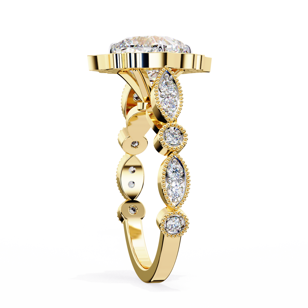 Reverra 14K Gold Cushion & Round Lab Grown Diamond Vintage Engagement Ring for Women, CTTW-2.56