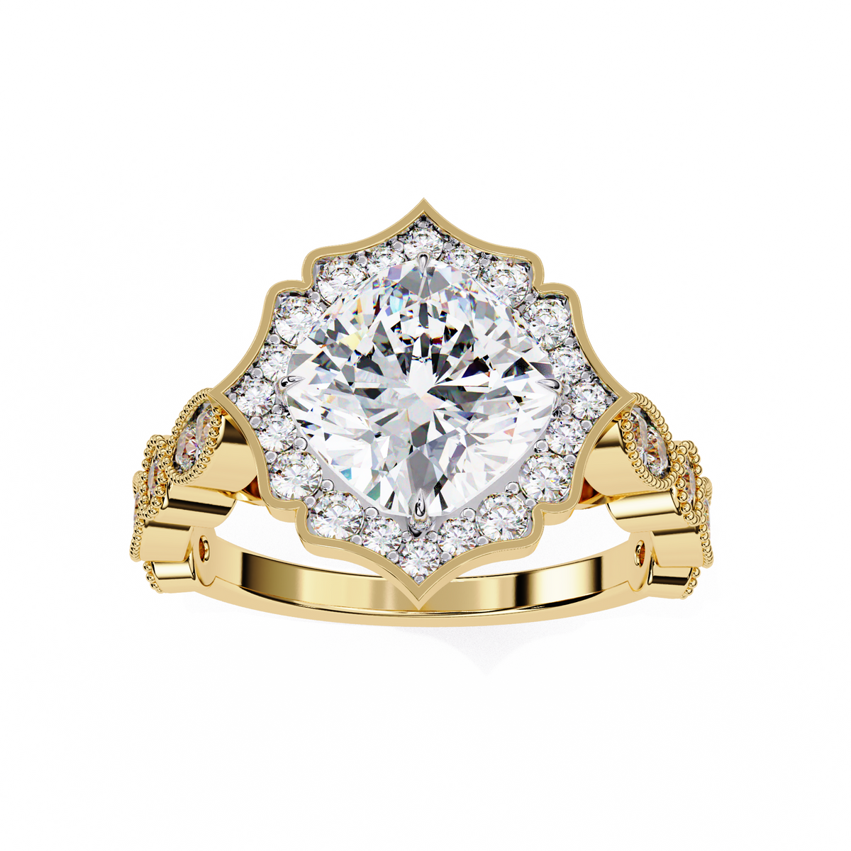 Reverra 14K Gold Cushion & Round Lab Grown Diamond Vintage Engagement Ring for Women, CTTW-2.56