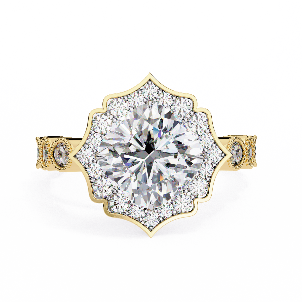 Reverra 14K Gold Cushion & Round Lab Grown Diamond Vintage Engagement Ring for Women, CTTW-2.56