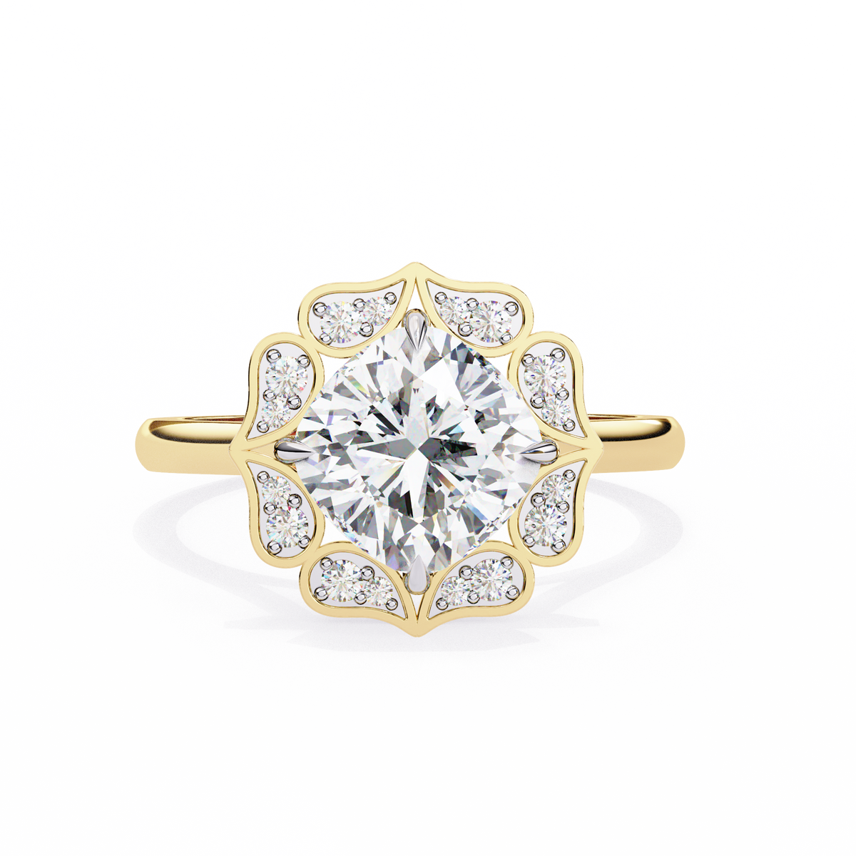 Reverra 14K Gold Cushion & Round Lab Grown Diamond Vintage Floral Engagement Ring for Women, CTTW-3.53