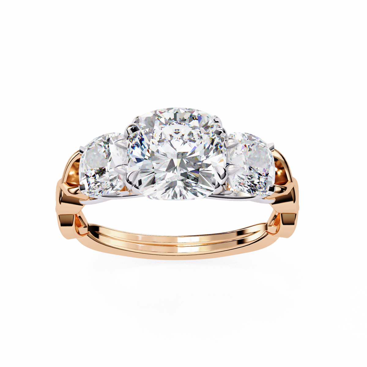 Reverra 14K Gold Cushion Three-Stone Lab Grown Diamond Engagement Ring for Women, CTTW-3.49