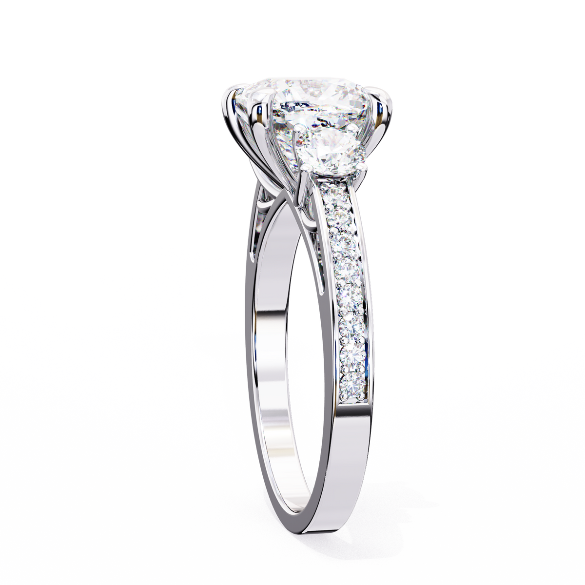 Reverra 14K Three Stone Diamond Engagement Ring with Pave Band, CTTW-3.3