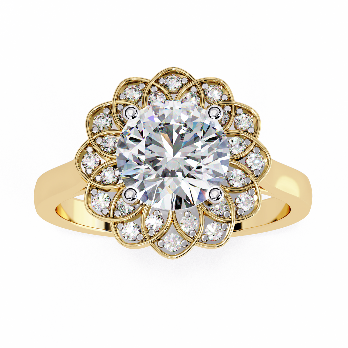 Reverra 14K Gold Round Lab Grown Diamond Floral Halo Engagement Ring for Women, CTTW-1.61