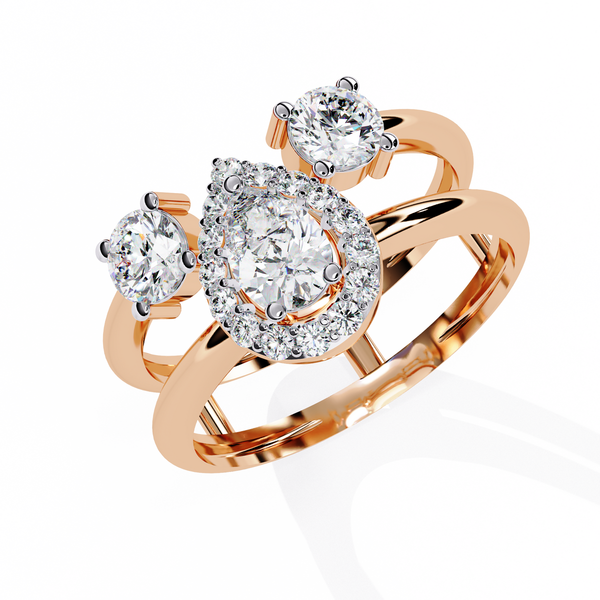Reverra 14K Gold Round & Pear Lab Grown Diamond Halo Triple Engagement Ring for Women, CTTW-0.97