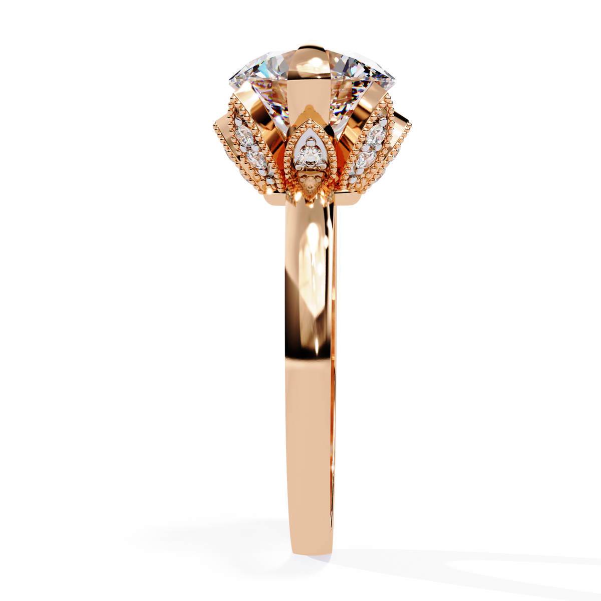 Reverra 14K Gold Round Lab Grown Diamond Lotus Solitaire Engagement Ring for Women, CTTW-3.17
