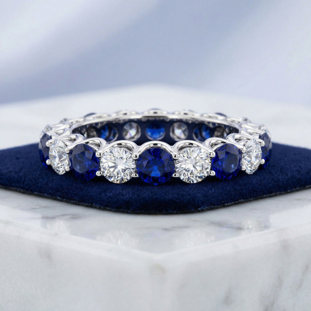 Reverra 14K Gold Round IGI Certified Lab Diamond Unique Shared Prong & Gems Eternity Ring, CTTW-1.22