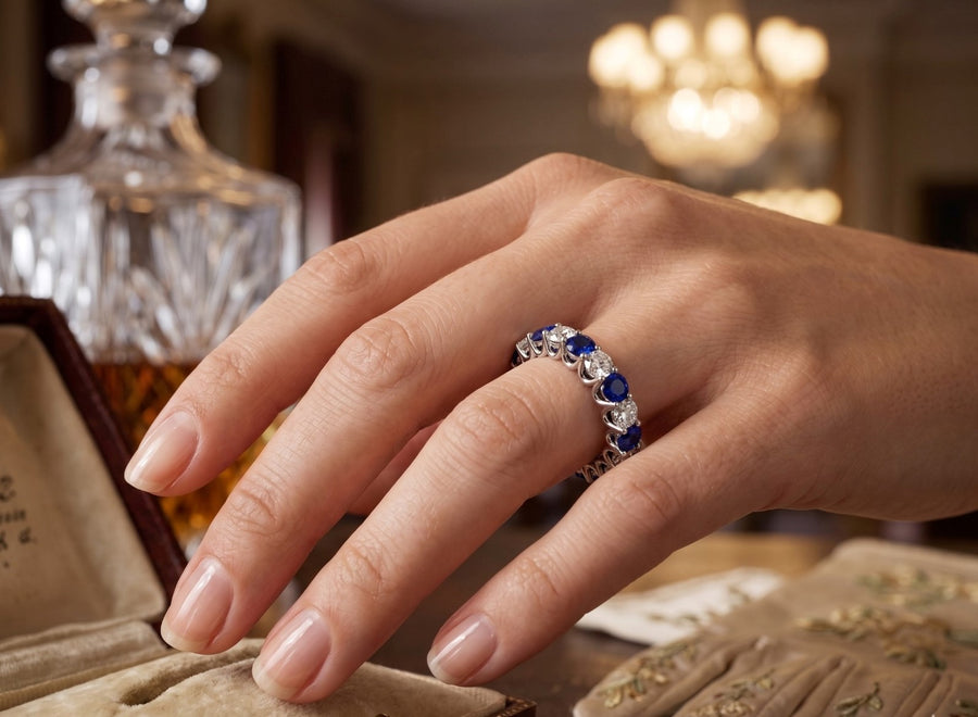 Reverra 14K Gold Round IGI Certified Lab Diamond Unique Shared Prong & Gems Eternity Ring, CTTW-1.22