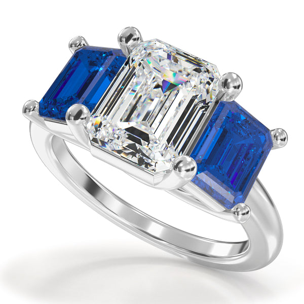 Reverra 14K Gold Emerald Cut IGI Certified Lab Diamond Center with Gemstone Side Accents  Anniversary Ring, CTTW-2