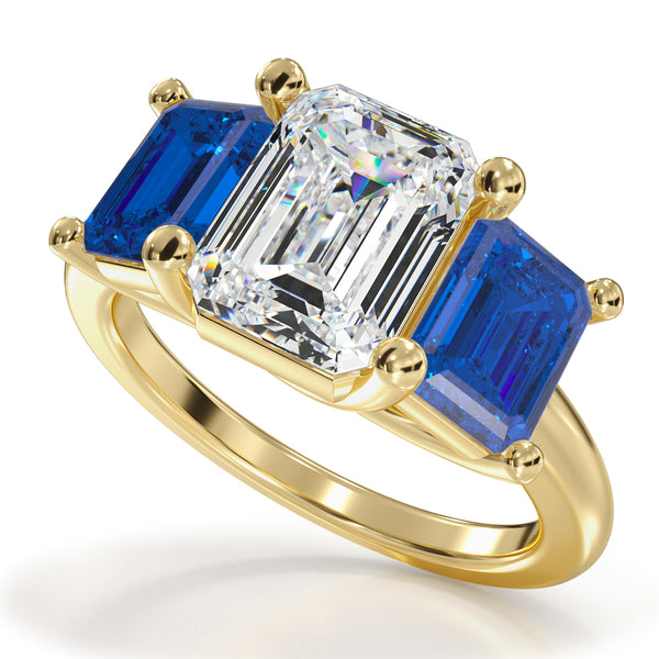 Reverra 14K Gold Emerald Cut IGI Certified Lab Diamond Center with Gemstone Side Accents  Anniversary Ring, CTTW-2