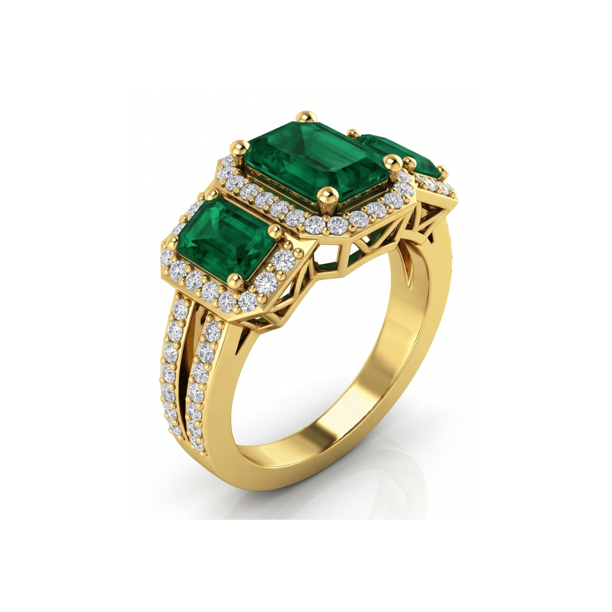 Reverra 14K Gold Emerald Cut IGI Certified Lab Diamond Gemstone And Diamond Halo Ring, CTTW-1.49