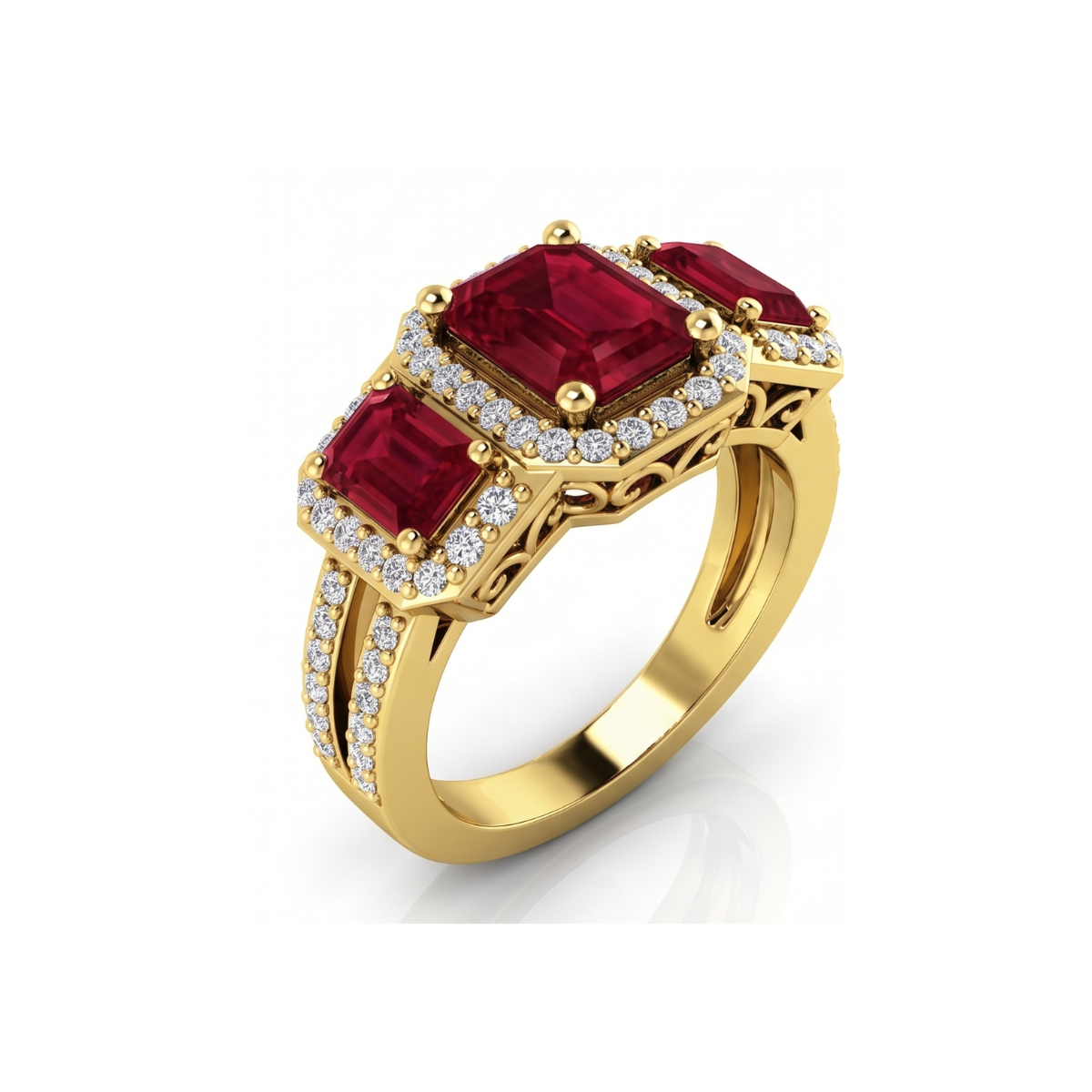 Reverra 14K Gold Emerald Cut IGI Certified Lab Diamond Gemstone And Diamond Halo Ring, CTTW-1.49