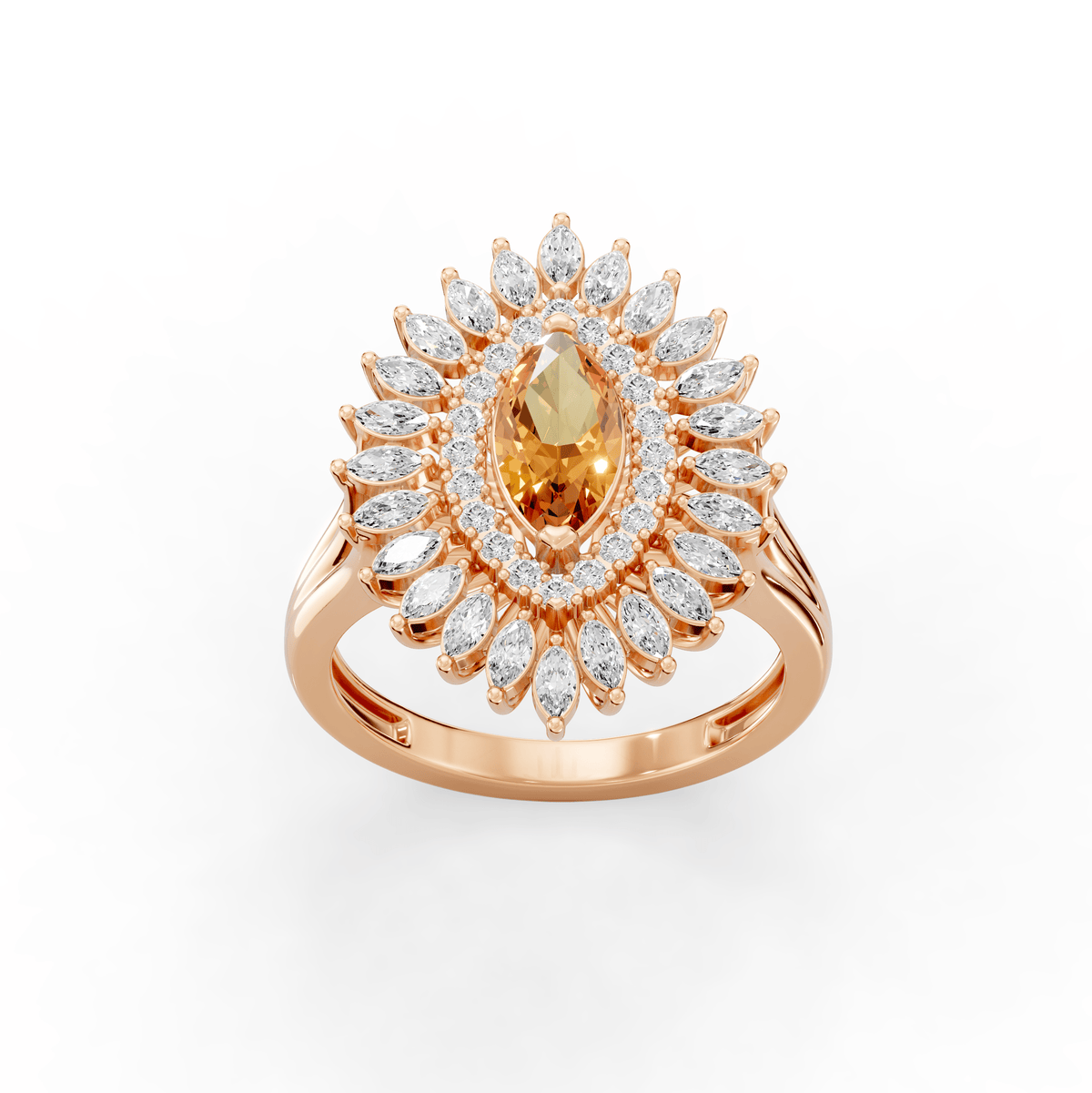 Reverra 14K Gold Round & Marquie Lab Grown Diamond Sunburst Halo Floral Accent Wedding Ring, CTTW-1.65