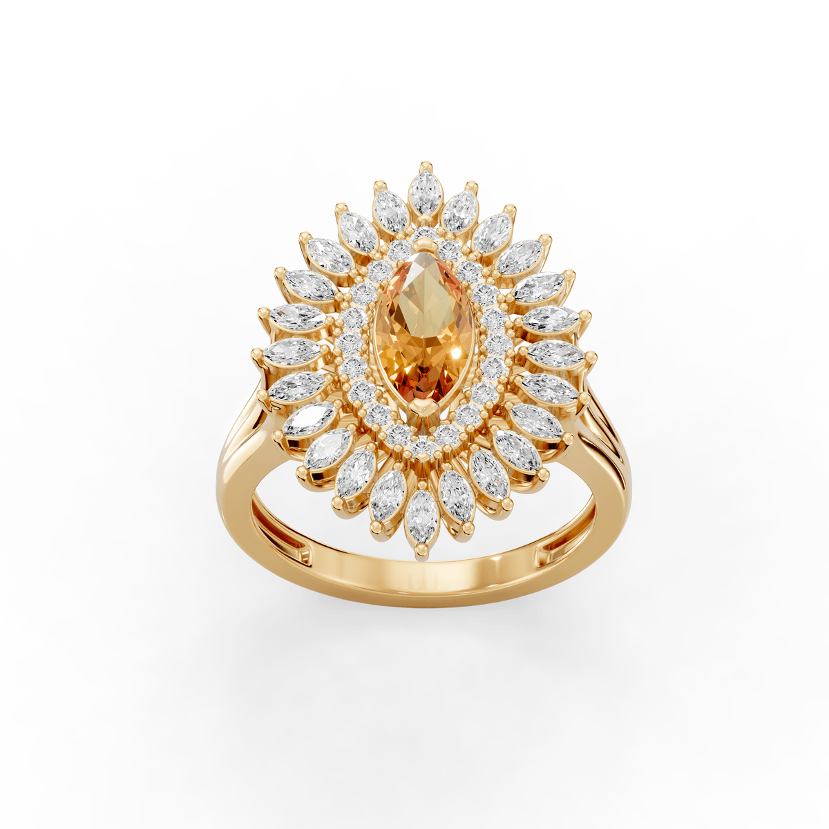 Reverra 14K Gold Round & Marquie Lab Grown Diamond Sunburst Halo Floral Accent Wedding Ring, CTTW-1.65