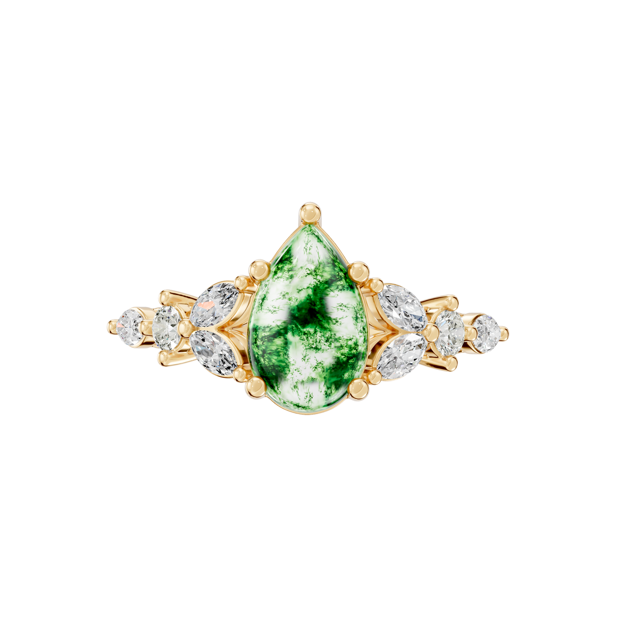 Reverra 14K Gold Pear, Round & Marquies Lab Grown Diamond Moss Agate Engagement Ring, CTTW-2.2