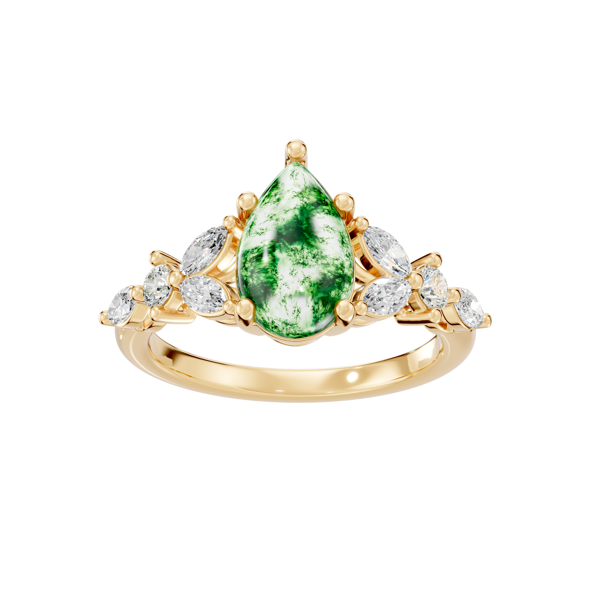 Reverra 14K Gold Pear, Round & Marquies Lab Grown Diamond Moss Agate Engagement Ring, CTTW-2.2