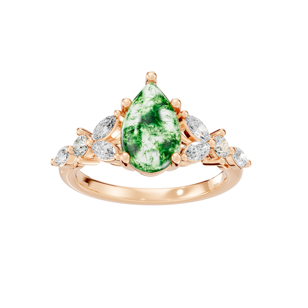 Reverra 14K Gold Pear, Round & Marquies Lab Grown Diamond Moss Agate Engagement Ring, CTTW-2.2