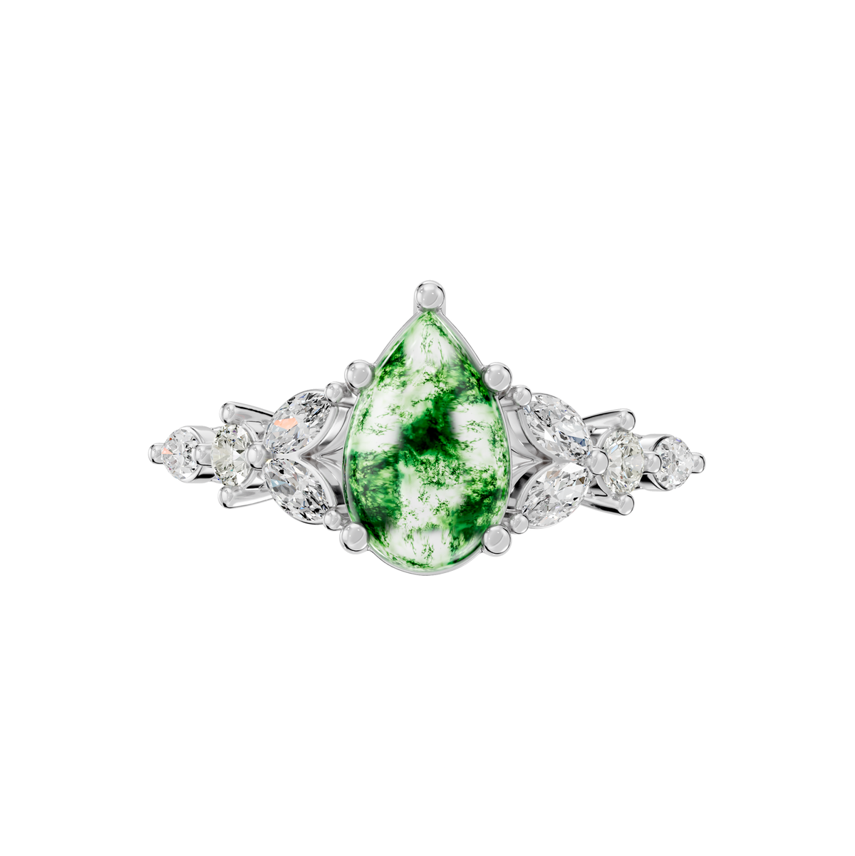 Reverra 14K Gold Pear, Round & Marquies Lab Grown Diamond Moss Agate Engagement Ring, CTTW-2.2
