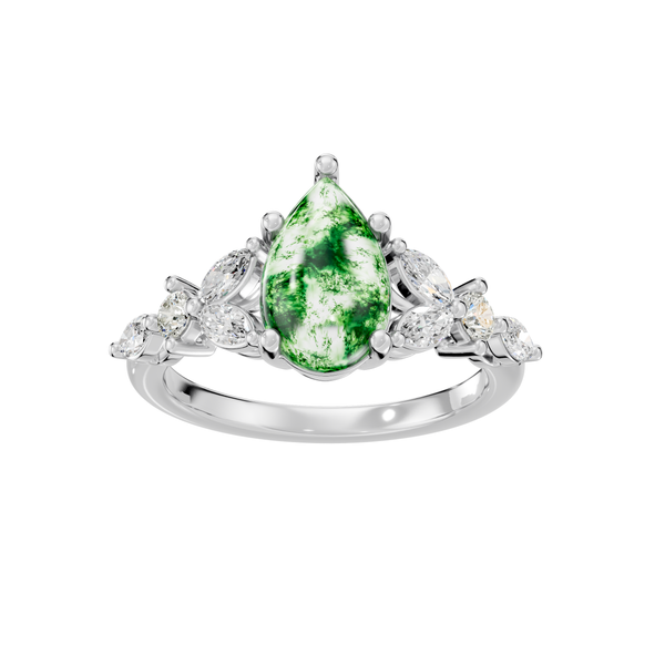 Reverra 14K Gold Pear, Round & Marquies Lab Grown Diamond Moss Agate Engagement Ring, CTTW-2.2