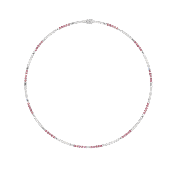 Reverra 14K Gold Round & Baguette Lab Grown Diamond 5 Dots Light Pink Tennis Necklaces For Women - Reverra Jewels Inc.
