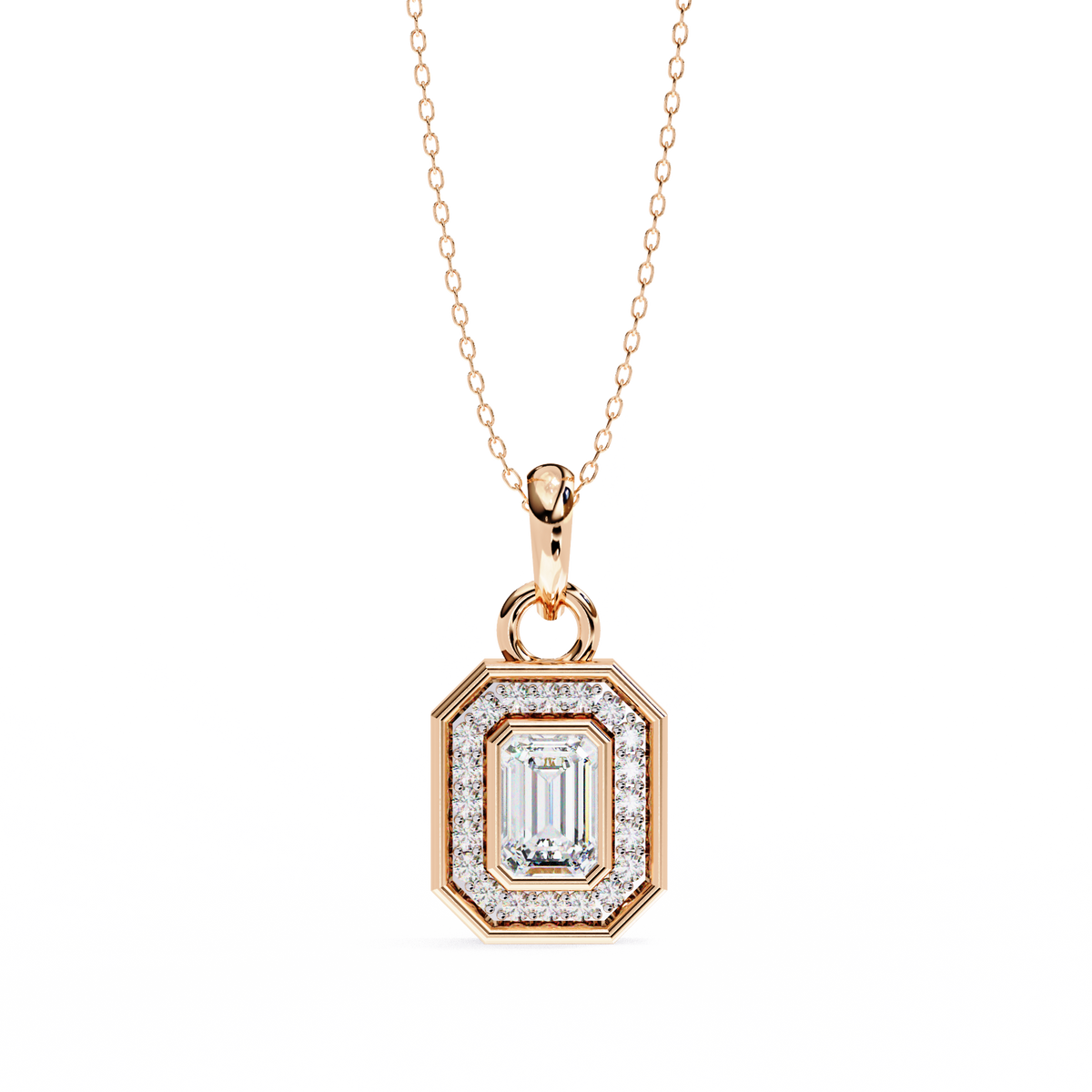 Reverra 14K Gold Emerald & Round Lab Grown Diamond Emerald Halo Pendant For Women, CTTW-0.93