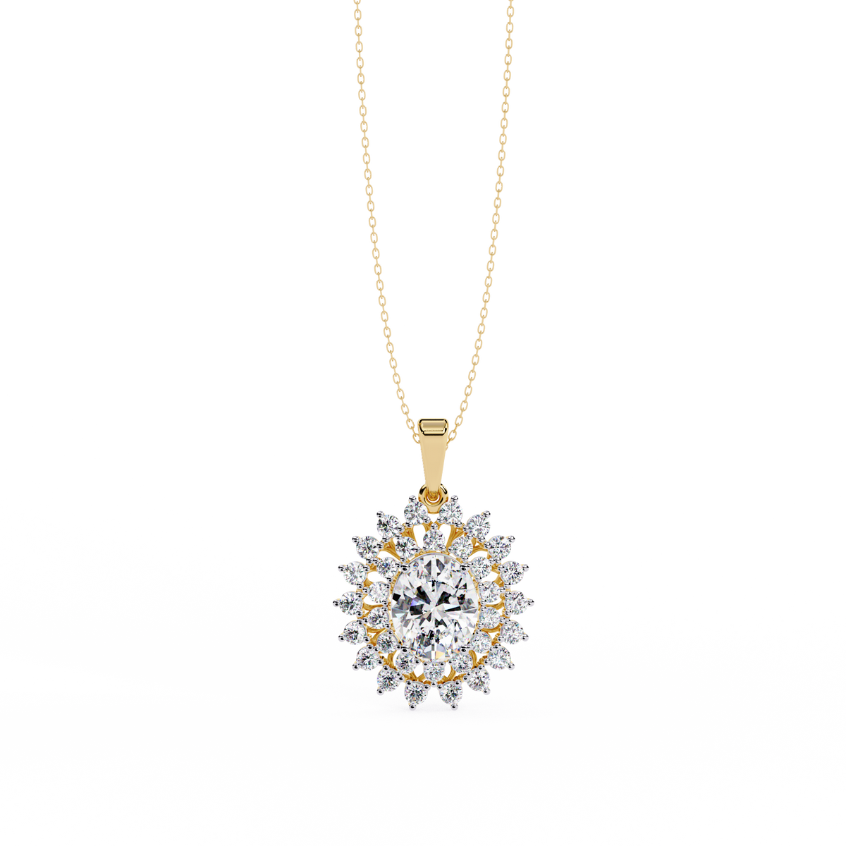 Reverra 14K Sunburst Halo Diamond Pendant Necklace, CTTW-3.41