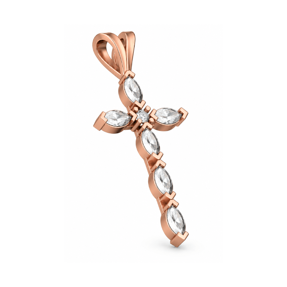 Reverra 14K Gold Marquise & Round Lab Grown Diamond Holy Faith Cross Pendant CTTW-1.13 - Reverra Jewels Inc.