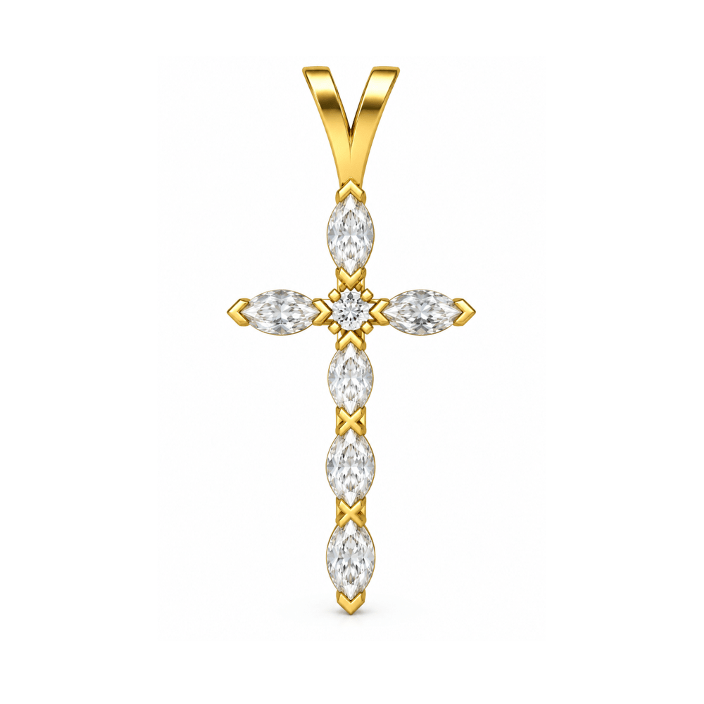 Reverra 14K Gold Marquise & Round Lab Grown Diamond Holy Faith Cross Pendant CTTW-1.13 - Reverra Jewels Inc.