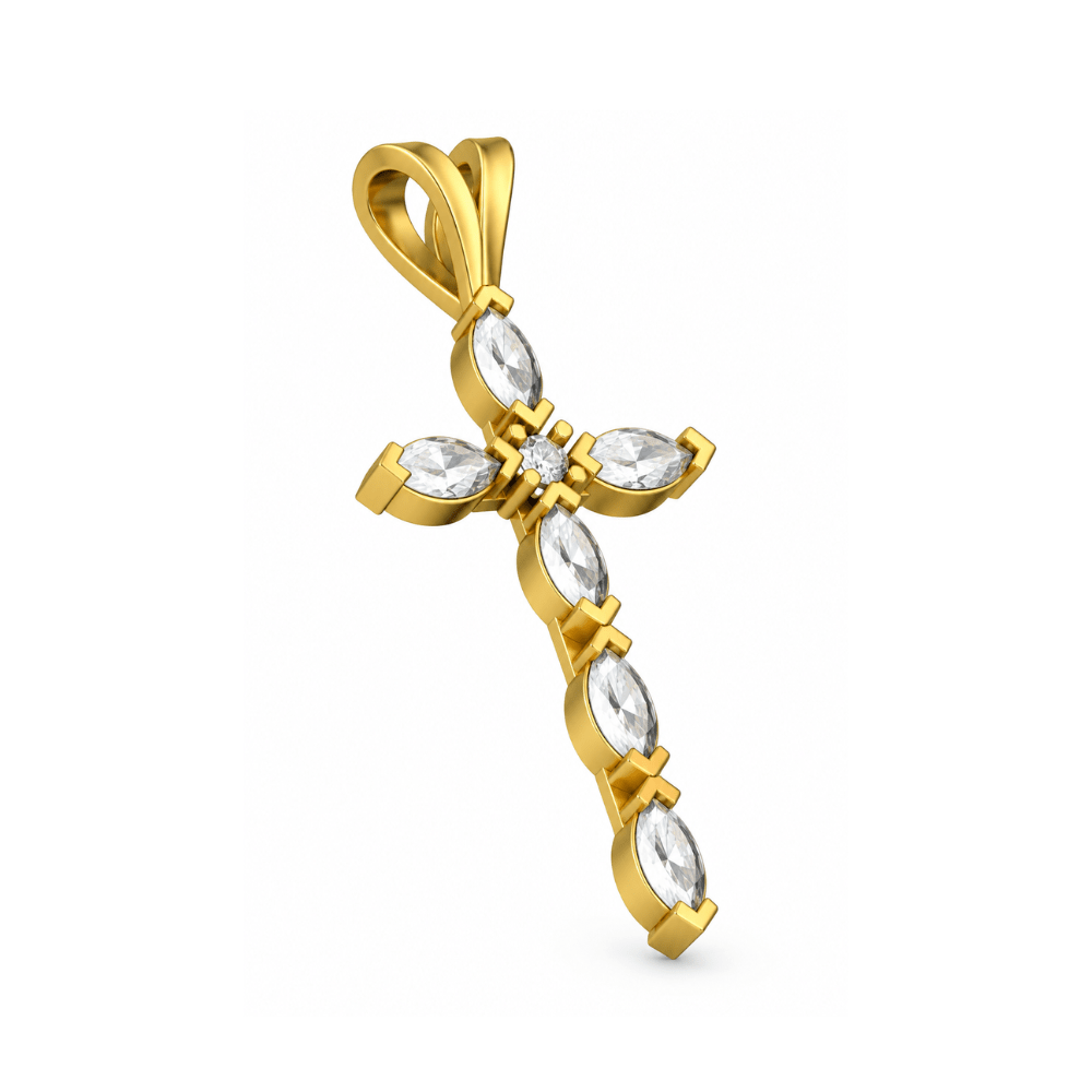 Reverra 14K Gold Marquise & Round Lab Grown Diamond Holy Faith Cross Pendant CTTW-1.13 - Reverra Jewels Inc.