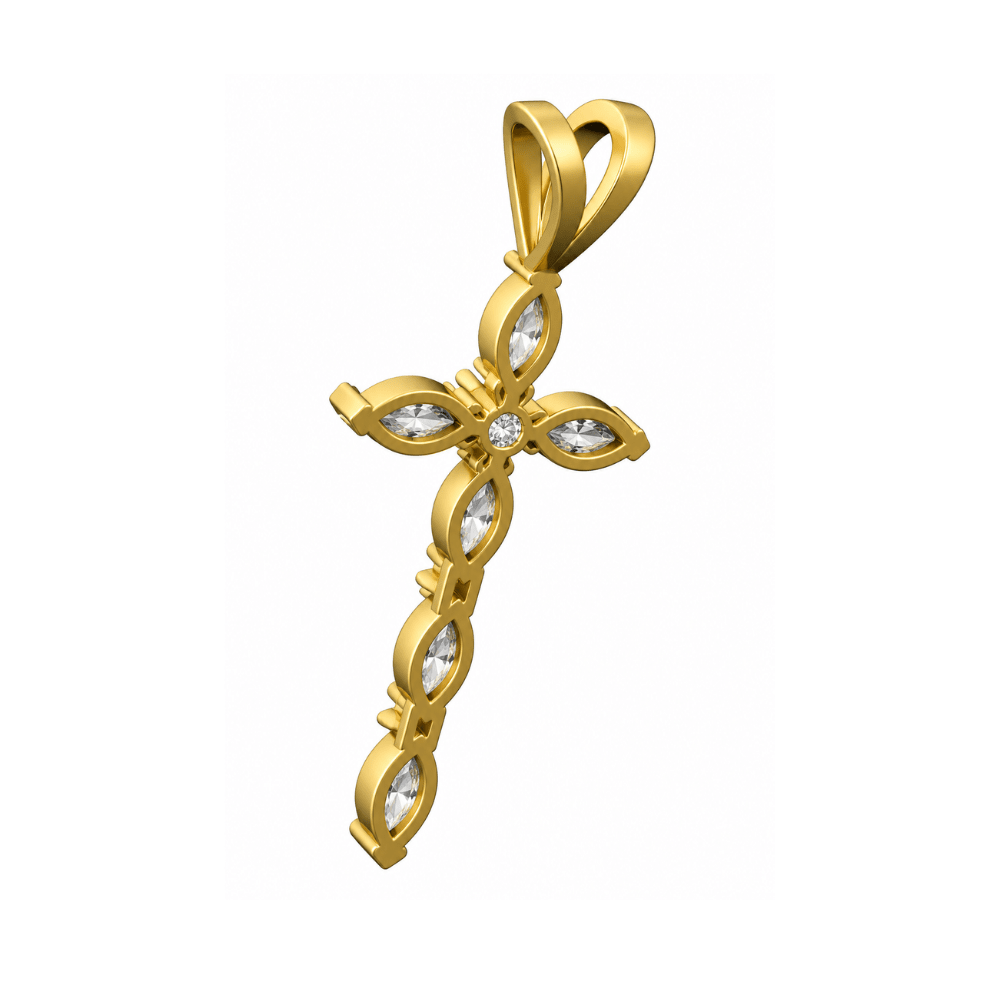 Reverra 14K Gold Marquise & Round Lab Grown Diamond Holy Faith Cross Pendant CTTW-1.13 - Reverra Jewels Inc.