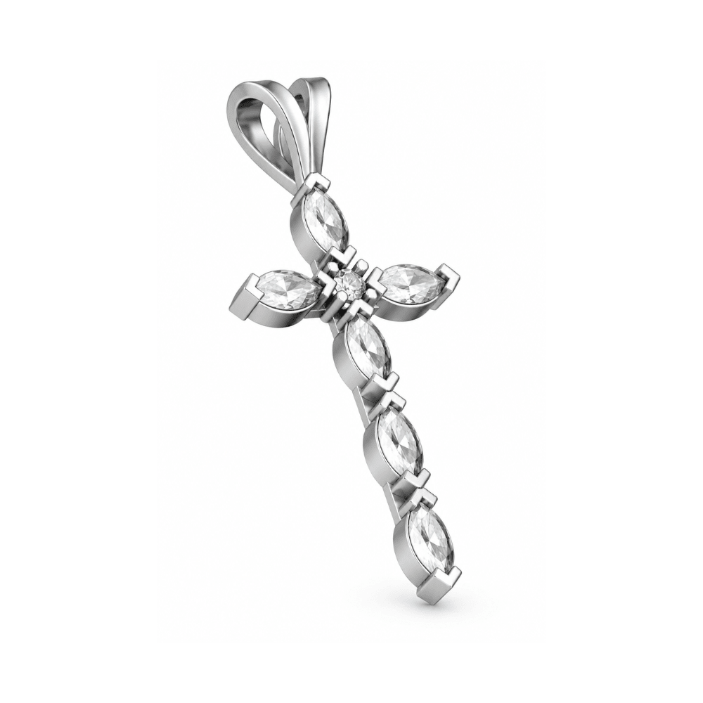 Reverra 14K Gold Marquise & Round Lab Grown Diamond Holy Faith Cross Pendant CTTW-1.13 - Reverra Jewels Inc.