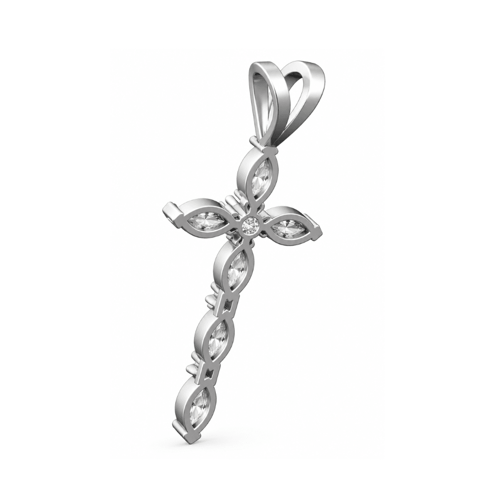 Reverra 14K Gold Marquise & Round Lab Grown Diamond Holy Faith Cross Pendant CTTW-1.13 - Reverra Jewels Inc.