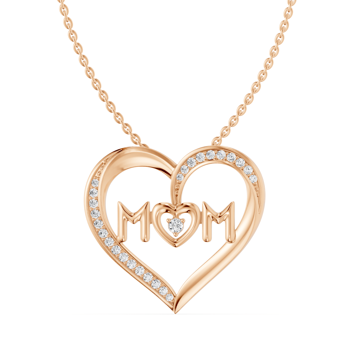 Reverra 14K Gold Round Cut Lab Grown Diamond Heart Shape Floating Letter 'MoM' Pendant 0.12-CTTW