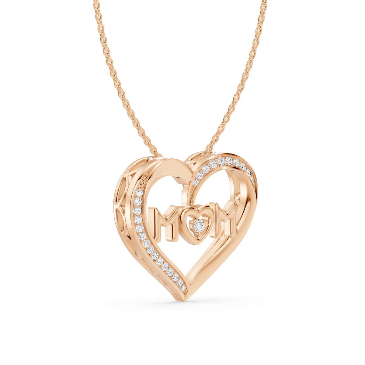 Reverra 14K Gold Round Cut Lab Grown Diamond Heart Shape Floating Letter 'MoM' Pendant 0.12-CTTW